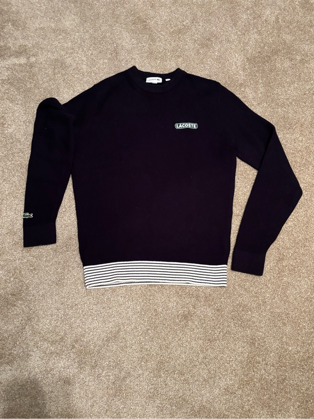 Lacoste Black Crewneck Sweater with White Striped Hem